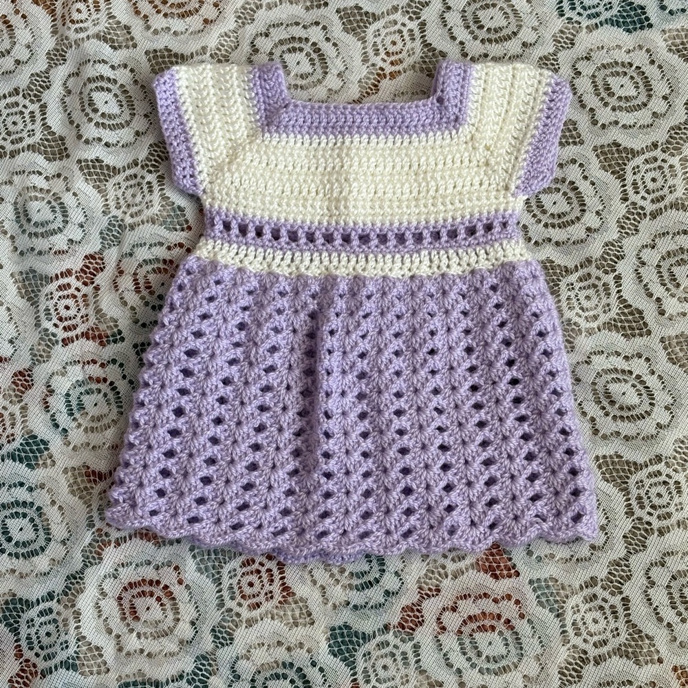 Handmade Crochet Baby Dress in White and Lavender